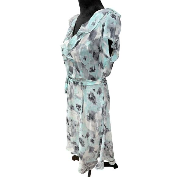 Blair Faux Wrap Dress Watercolor  aqua gray 14P Ruffles Sheer Y2K Coquette Fairy - Picture 2 of 15